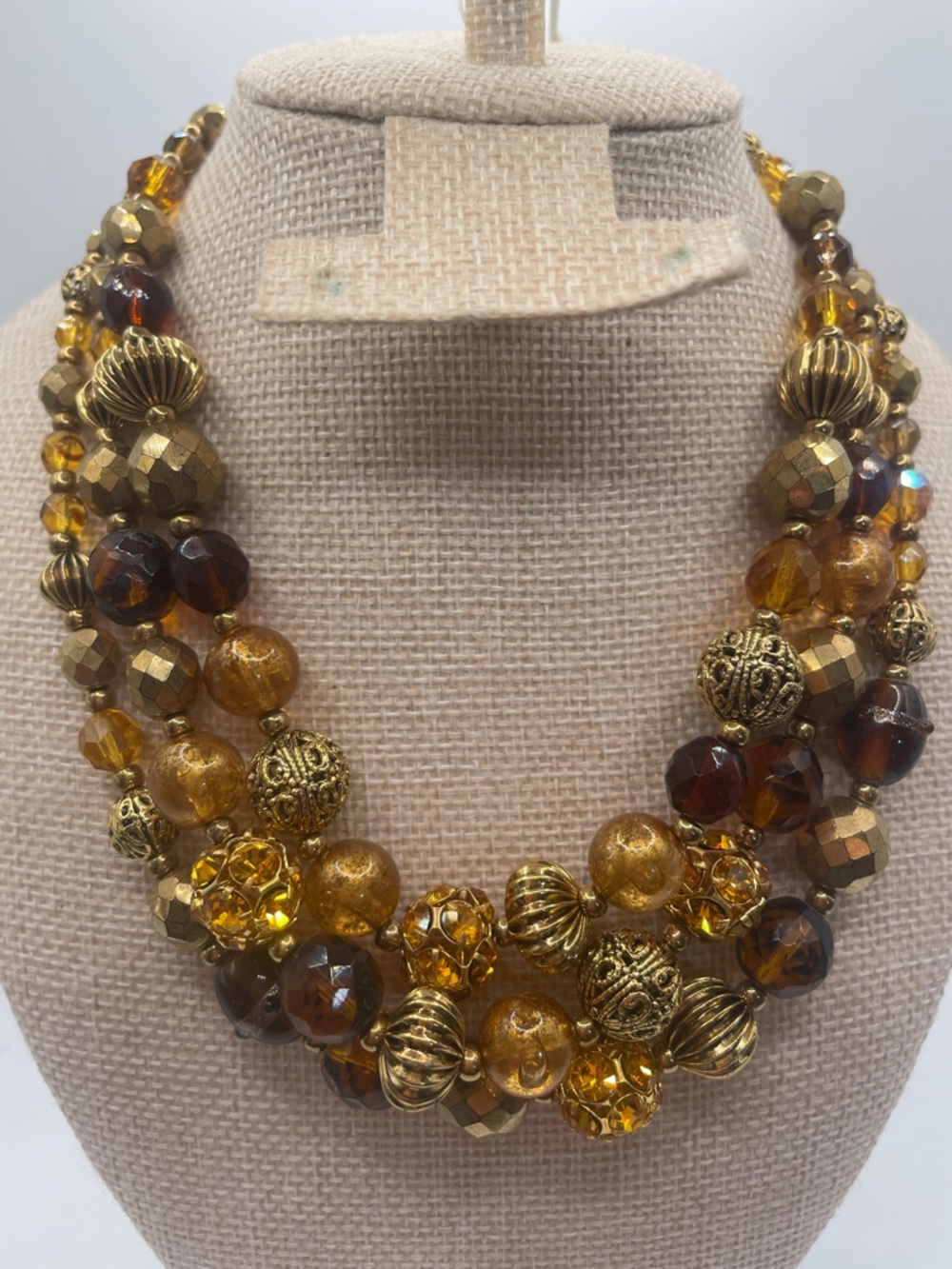 Jay S. Vintage Gold and Amber Multi-Strand Beaded Necklace - 16” Acrylic/Metal